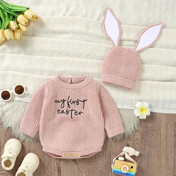 Newborn Baby Bodysuit Knit Infant Boy Girl Jumpsuit Long Sleeve Spring Toddler Kid Clothing Fashion Letter Cute Rabbit Ear 0-12M