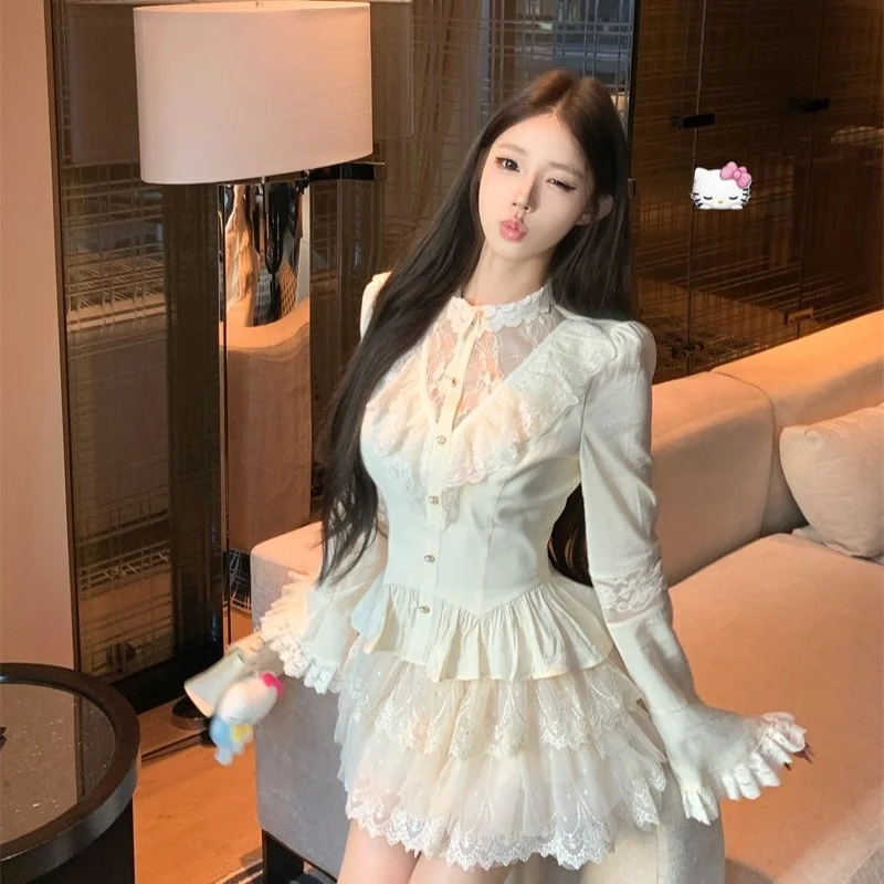 

Princ Sve Lace Trim High Waist Inner Wear Set Sweet Cool Sle Polyester Fiber Long Sve round Ne Daily Use irt