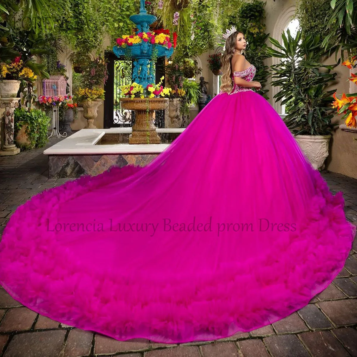 Vestido Quinceanera de tule rosa com miçangas plissadas, flores 3D, espartilho babados, vestido de baile 16 doce, 15 anos, 2024