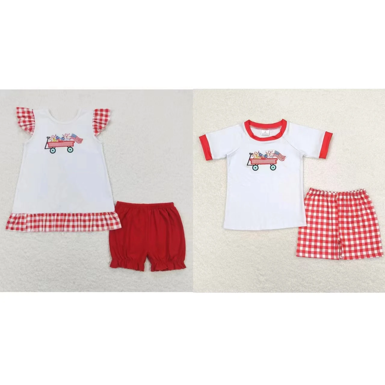 

Wholesale Kids Summer Embroidery Flag Cotton Tops Toddler Set Children Shorts Matching Baby Boy Girl July 4th Red Plaid Outfit