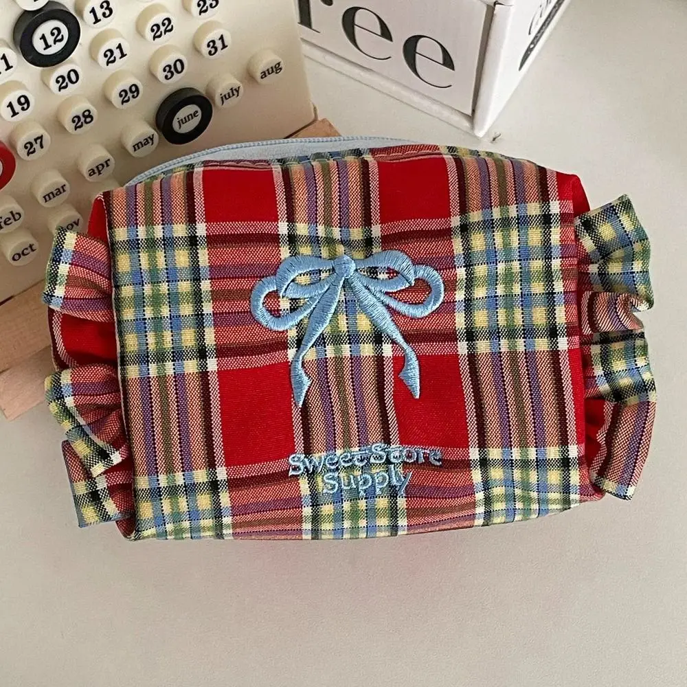 Women Bow Embroidered Cosmetic Bag Large Capacity Makeup Storage Bag Travel Toiletry Bag Zipper Ruffle Edge Checkered Coin Purse