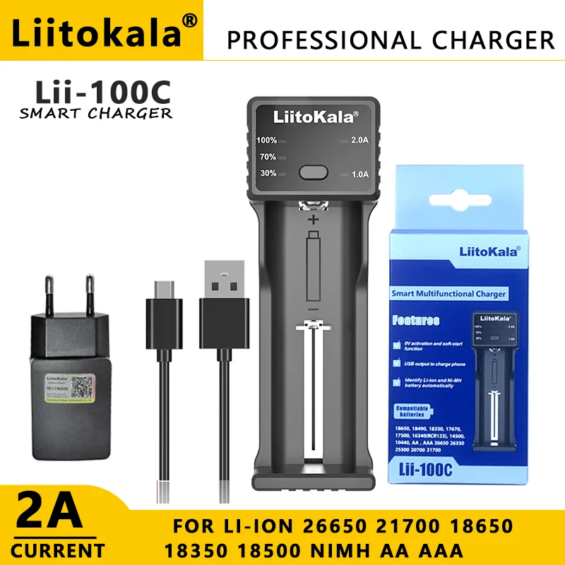 LiitoKala Lii-100C 21700 Rechargeable Battery Charger For 3.7V 18650 18350 26650 1.2V AA AAA Ni-MH C 2A Fast Charge USB Output