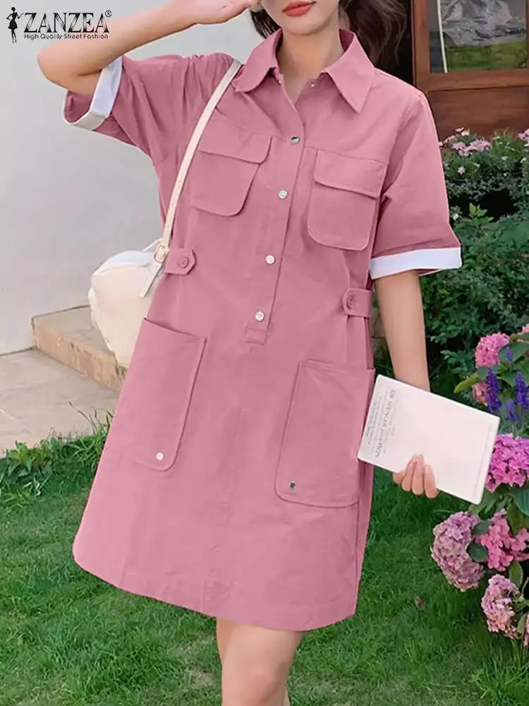 

ZANZEA Elegant Women Summer Short Sleeve Shirt Dress Office Lady Sundress Casual Solid OL Work Vestidos Female Lapel Neck Robe