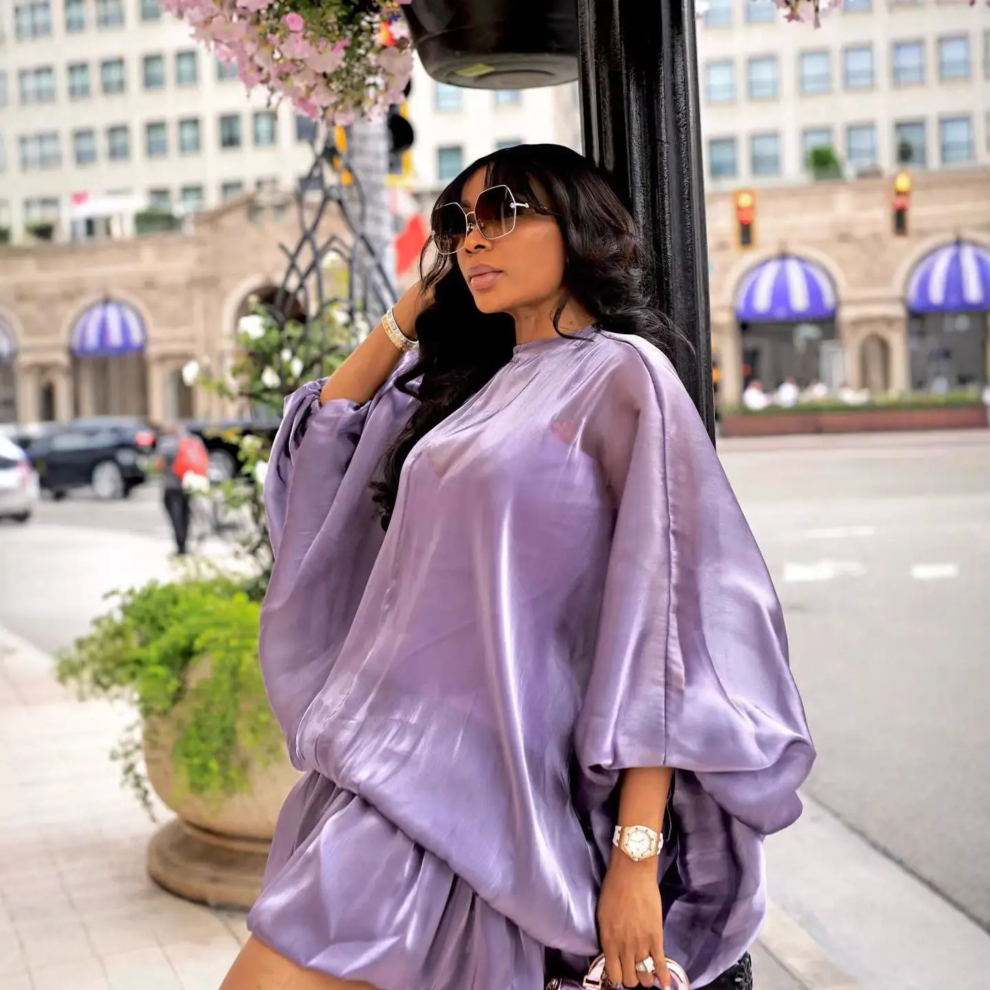 Women Organza Oversized Mini Party Dress Mock Neck Balloon Lantern Sleeve Bubble Hem Loose Chic Streetwear Cocktail Club Dresses