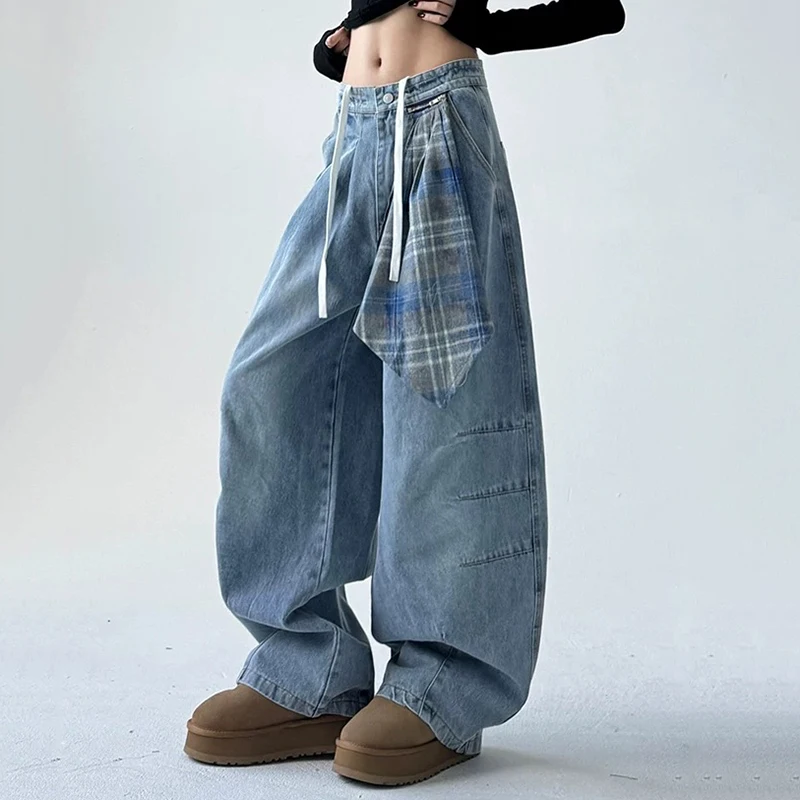 Retro Street Dance Checkered Handkerchief Jeans Women Y2K Harajuku Chic Loose Casual High Waist Wide Leg Denim Pants 2025 New