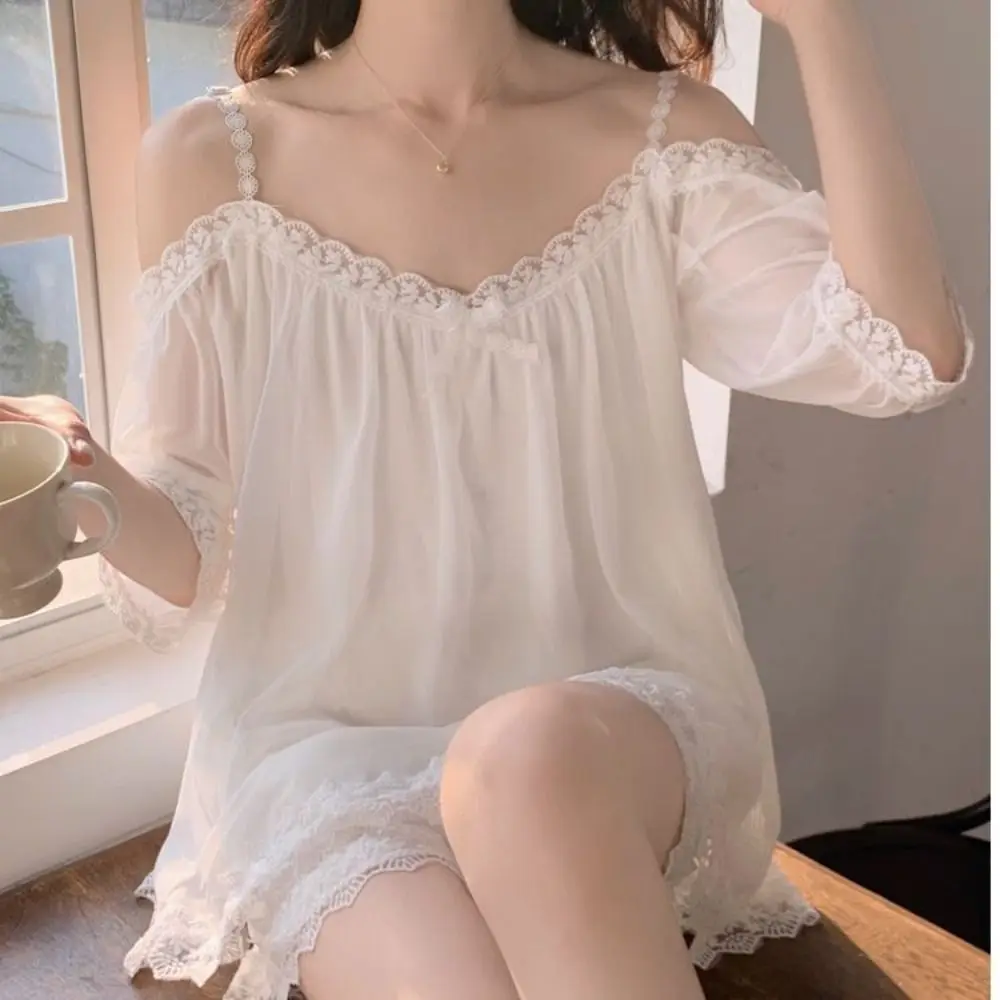 

Soft Women Mesh Pajama Set Off Shoulder Elastic Suspender Shorts Pajama Suit Two-Piece Suit Nightwear Women's Sleepwear Sets