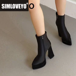 SIMLOVEYO Brand Shoe Short Boots 12cm Pointed Toe Block Heel 14cm Double Platform 5cm Zipper Plus Size 43 Sexy Party Booty