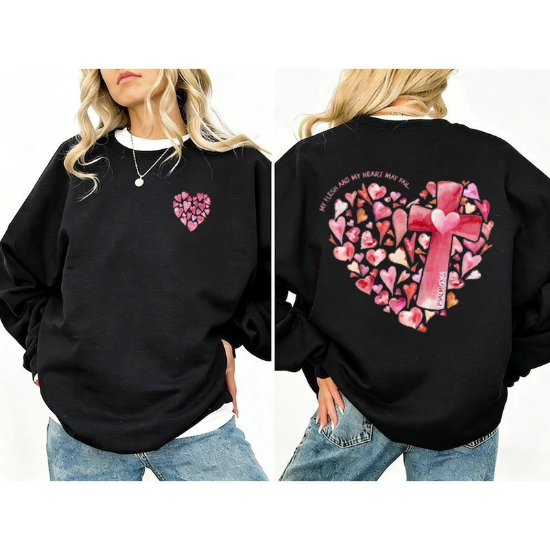 Unisex Round-neck Pullover Heart-shaped Pattern Heart-shaped Pattern Sweater Cross Sweater Jesus Jumper Lady Flowers Hoody