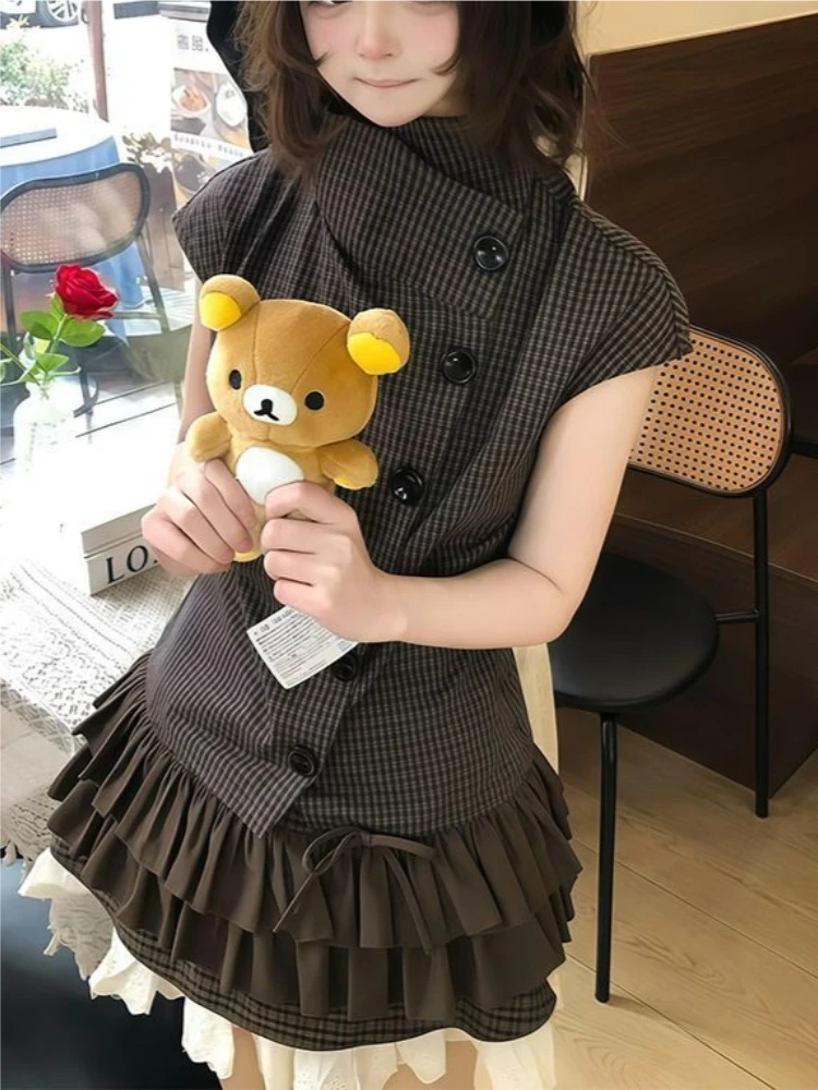 Japanese Vintage Coquette Plaid 2 Piece Set Women Crop Top Ruffle Mini Skirt Drawstring Slim Fashion Casual Date Night Outfit