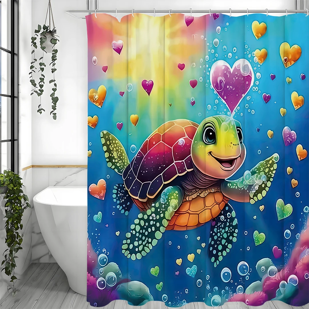 Underwater World Cute Cartoon Turtle Shower Curtain, Bathroom Decorative Shower Curtain, Waterproof Shower Curtain with Hooks