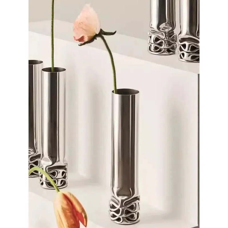 Artistic Creativity Design Stainless Steel Slender Long Northern Europe Light Luxury Living Room Desktop Decoration Vase