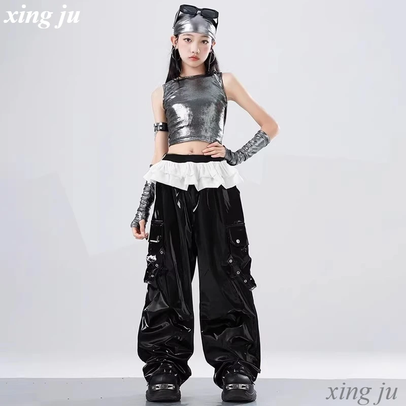 여자 스트리트 댄스 후드 조끼 짧은 탑 루즈 가죽 바지 어린이 재즈 댄스 의상 키즈 힙합 무대 공연 의상