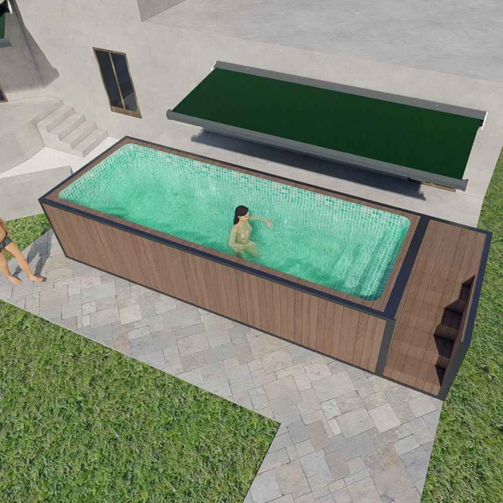 

Large 40ft Prefabricated Steel Frame Container Swimming Pool Complete Set with Clear Round Glass Sand Filter Outdoor Family Use