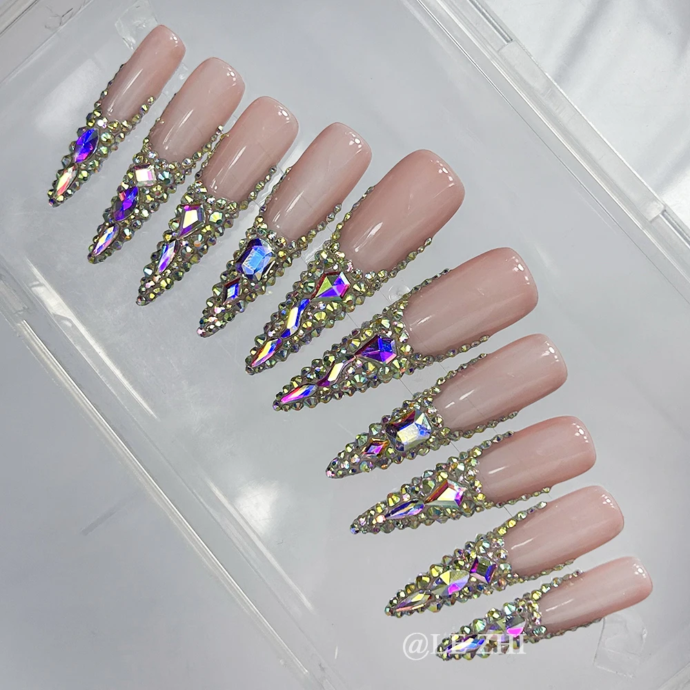 Luxury AB Full Diamond Press on Nails Art French XXL Long Coffin Sparkle Rhinestone Birthday Party Gift Customizable Nails Art