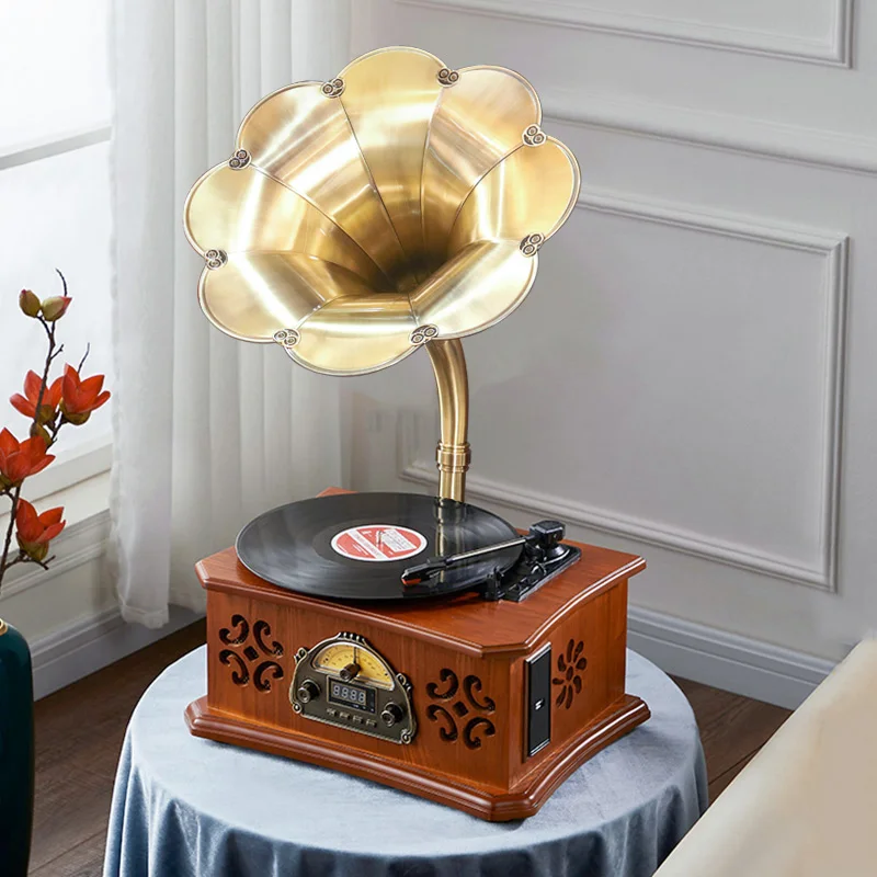 Vintage gramophone Mini vinyl record player Vintage streaming player Solid wood gramophone player