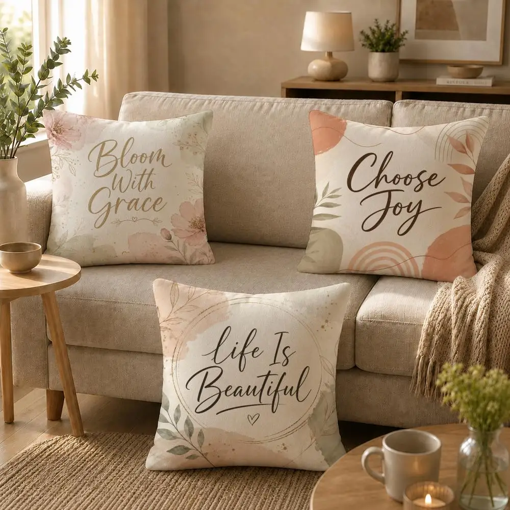 Housse de coussin au style typographique anglais, motif artistique positive energy, en peluche courte douce et respectueuse de la peau, pour une utilisation multi-scènes