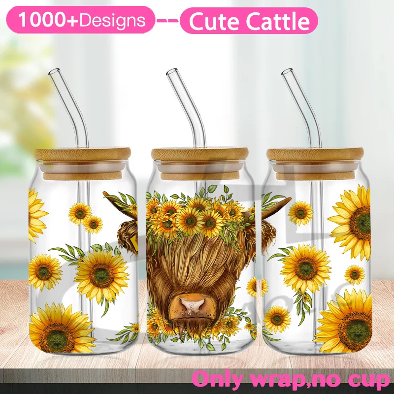 Cute Cow Sunflower Flower Cactus Moody Cows Cattle Ox Bull Bossy 16oz UV DTF Cup Wrap for Tumbler Libbey Glass Can Cold Transfer