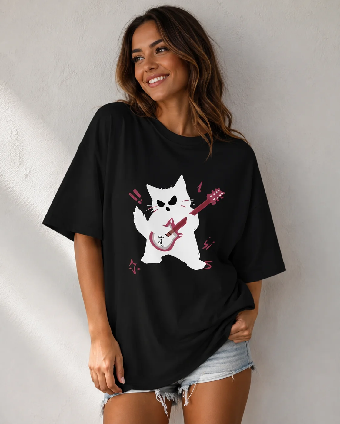 Rock Guitar Playing Black Cat Graphic Print T‑Shirt Women Summer Trendy Short Sleeve Loose Round Neck Casual Top