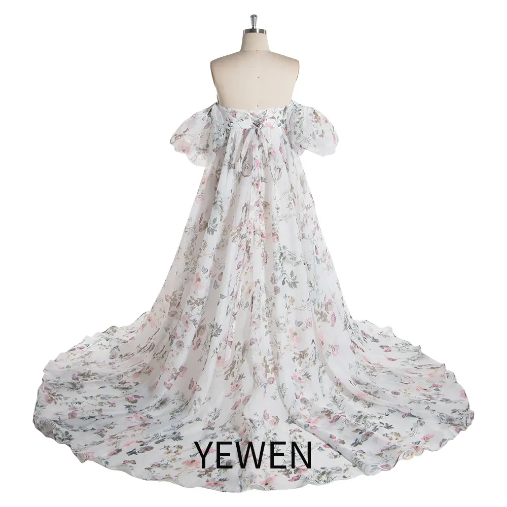 Romantic Print Floral Off Shoulder Matrenity Photoshoot Dresses Evening Gown Pregnancy Shooting Dress YEWEN YW240079