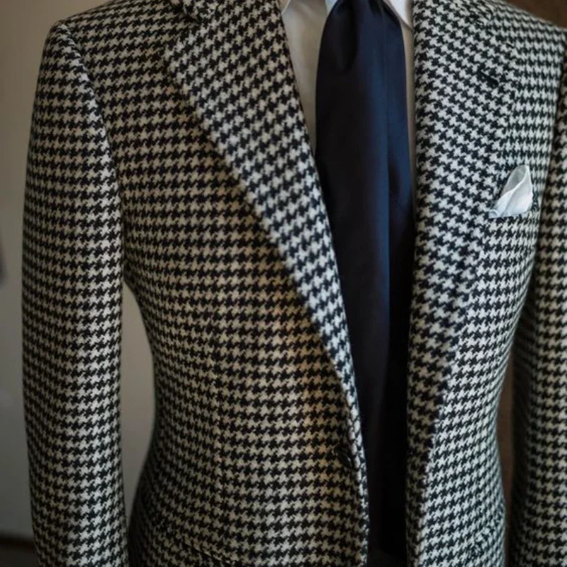 Houndstooth Blazer for Men 2024 Ready to Ship Plaid Notch Lapel Male Suit Jacket Stylish Male Fashion Coat