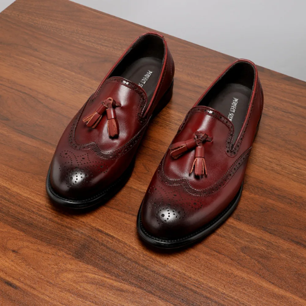 

Summer Full Genuine Leather Men Loafers Brogue Carved Slip on Business Casual Dress Shoes Tassel Leather Shoes
