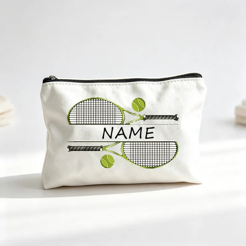Tennis Make Up Bag Custom Name Racket Ball Canvas Cosmetic Pouch Sports Travel Toiletry Bags Gift for Tennis Lovers Makeup Case