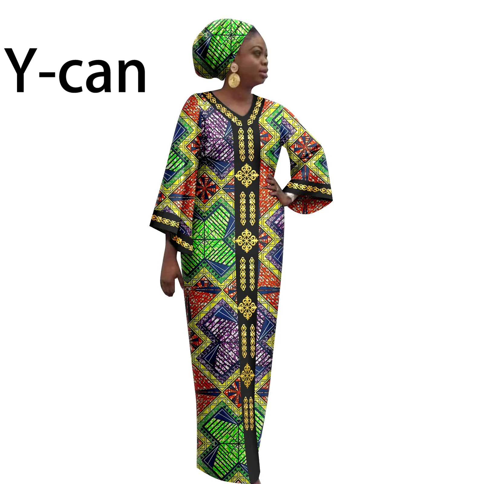 Sukienki afrykańskie dla kobiet Bubu V-neck Flare Sleeve Embroidery Dress with Headscarf Dashiki Print Party Africa Clothing 2425039