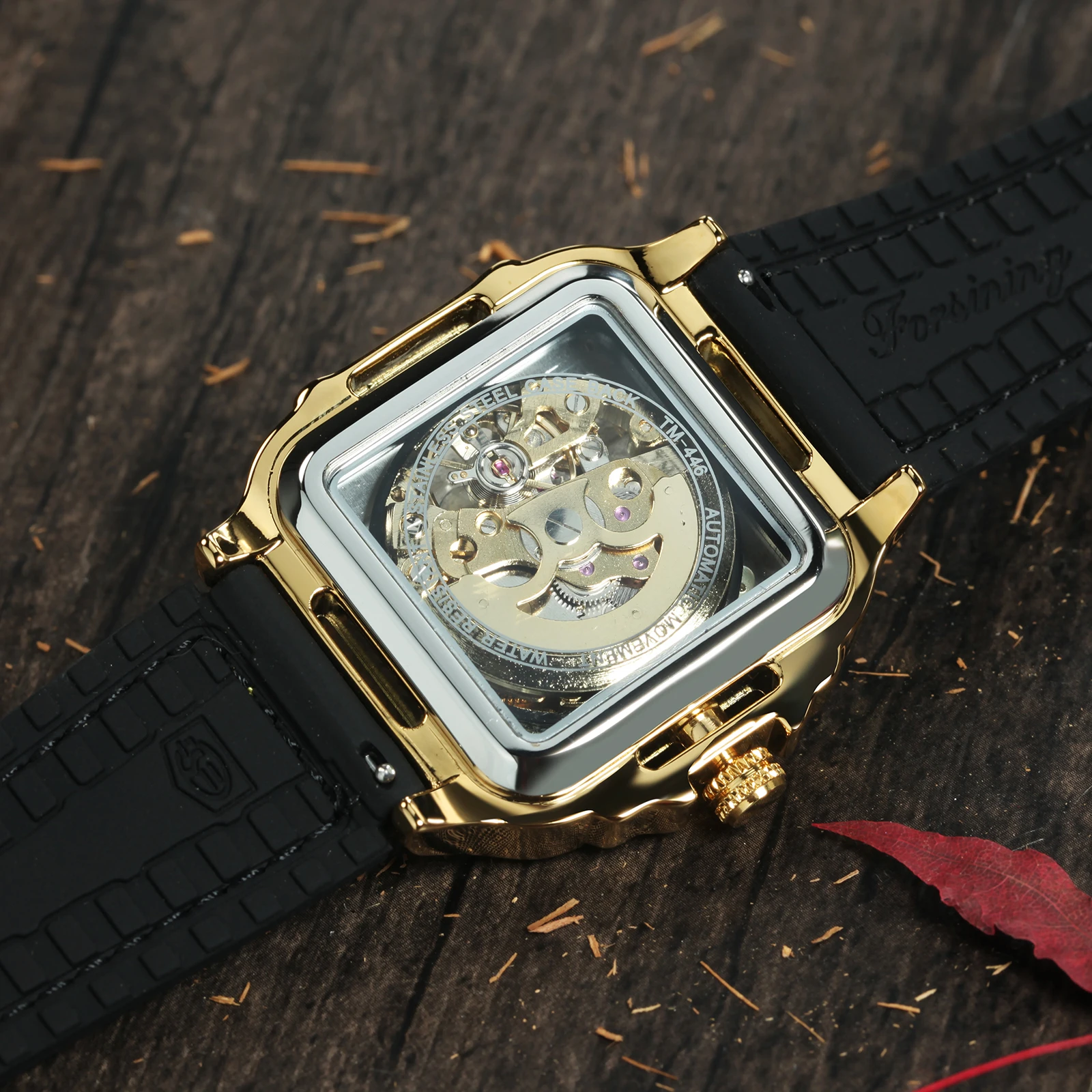 Forsining Gold Black Square Skeleton Automatic Watch for Men Luminous Hands Luxury Sports Mechanical Watches Rubber Leather Band