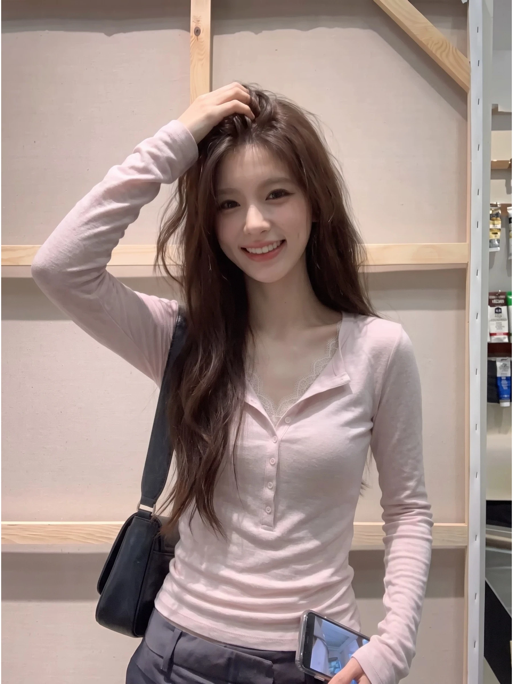 Pink Sweet Waist-Cinching Long Sleeve T-Shirt Lace Patchwork Top High Waist Design Breathable Moisture Wicking Ladies' Tee