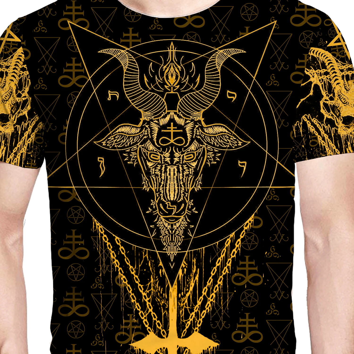 Camiseta abstrata geométrica impressa em 3D masculina e feminina – poliéster macio em negrito símbolos ocultos dourados pentagramas, crânios, luas