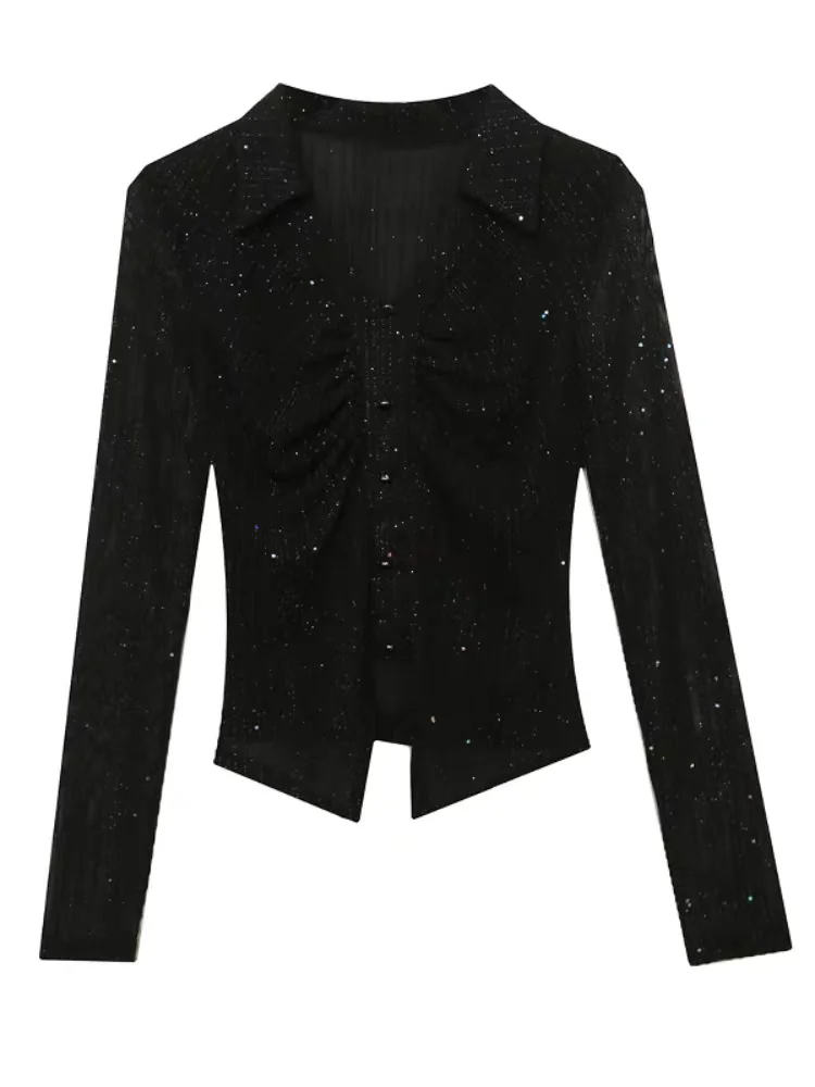 Camiseta Alta Elástica Feminina, Top de Malha Preta, Manga Longa, Gola Polo, Roupas Casuais, Tendência da Moda, Outono, Nova