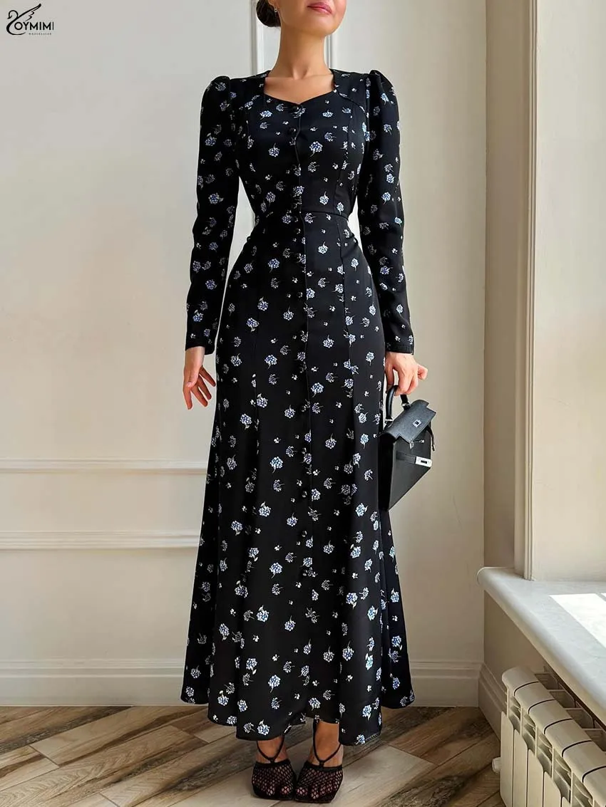 

Oymimi Fashion Black Print Dresses For Woman Elegant V-Neck Long Sleeve Single Breasted Dresses Casual New Ankle-Length Dress