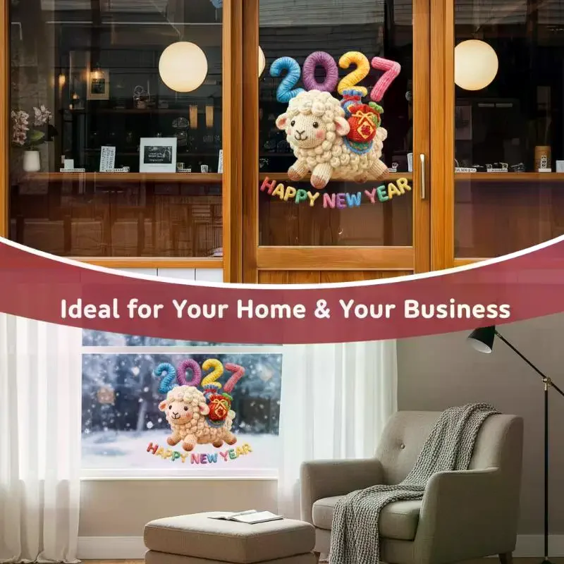 2027 Happy New Year Window Sticker Cute Knitted Sheep Design Same Color Both Sides Perfect For Home Shop Glass Decoration