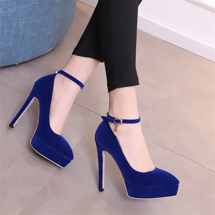 Big Size Women Platform Pumps 13cm High Spike Heels Black Red Flock Party Office Lady Sexy Ankle Strap Pointed Toe Thin Stiletto