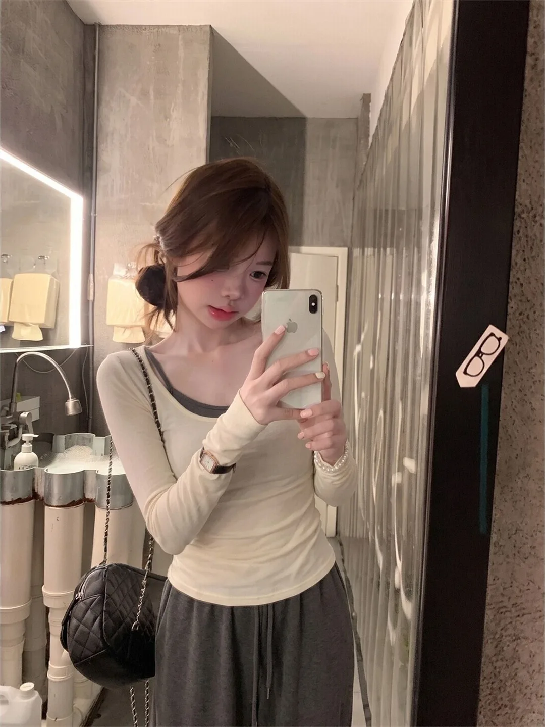 Korean Style Long Sleeve U-Neck T-Shirt Women's Early Autumn Waist-Cinching Slimming Spicy Girl Strap Vest Top Two-Piece Set