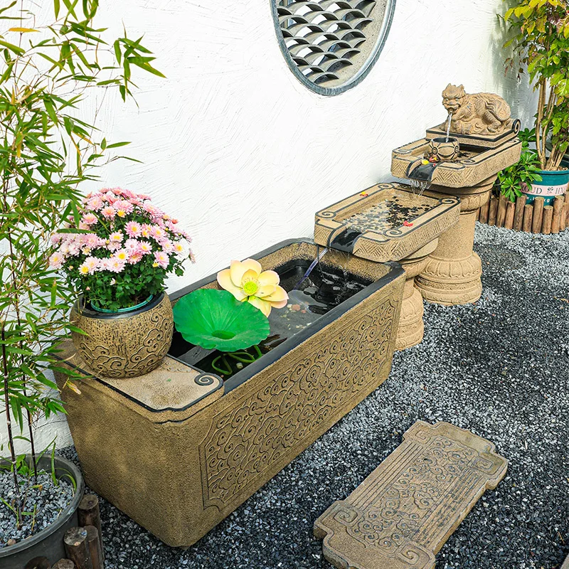 

Outdoor fish pond landscaping, courtyard floor-to-ceiling large water feature,outdoor finished fish tank, flowing water ornament