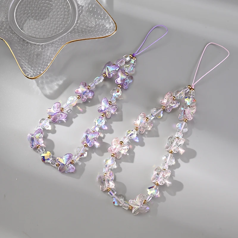 Women Girl Acrylic Mobile Phone Chain Transparent Sweet Butterfly Telephone Hanging Cord Anti-Drop Cellphone Lanyard Jewelry