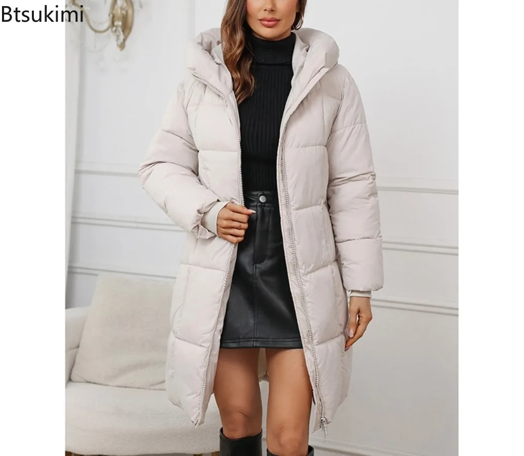 Women's Long Parkas  2025 New Hooded Loose Solid Color Overcoat Women Cotton Jacket Mid-Length Slim Fit Thick Warm Padded Coats