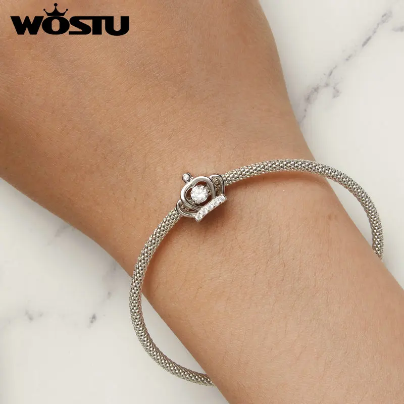 WOSTU 925 Sterling Silver Crown Charm Infinite Love Angel Zircon Beads Fit Original Bracelet Bangle Jewelry Gift for Women