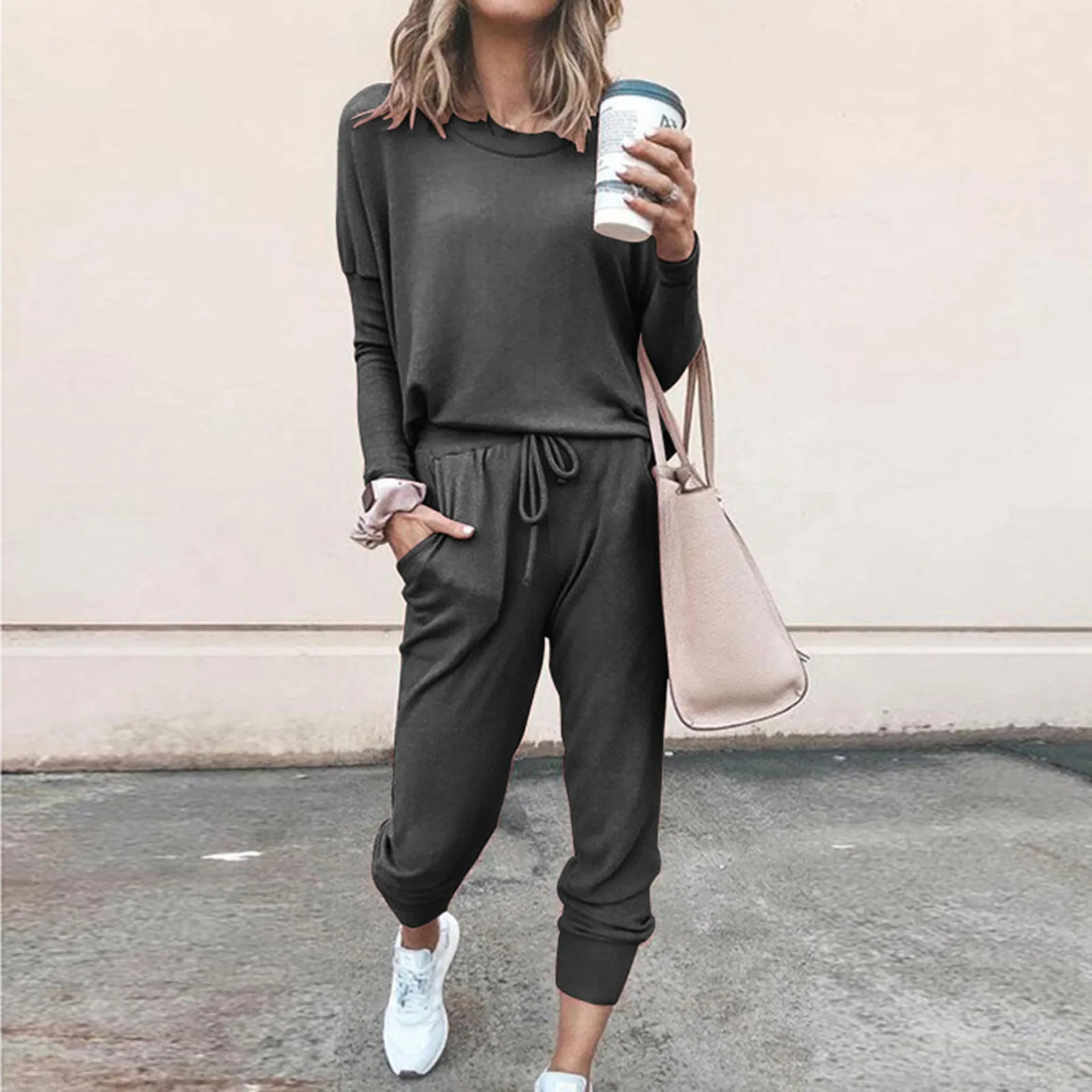 Women Solid Color Long Sleeve O Neck Blouse Top Drawstring Pants Sport Tracksuit Sports Shirts Spring Autumn Set Tracksuit Wome