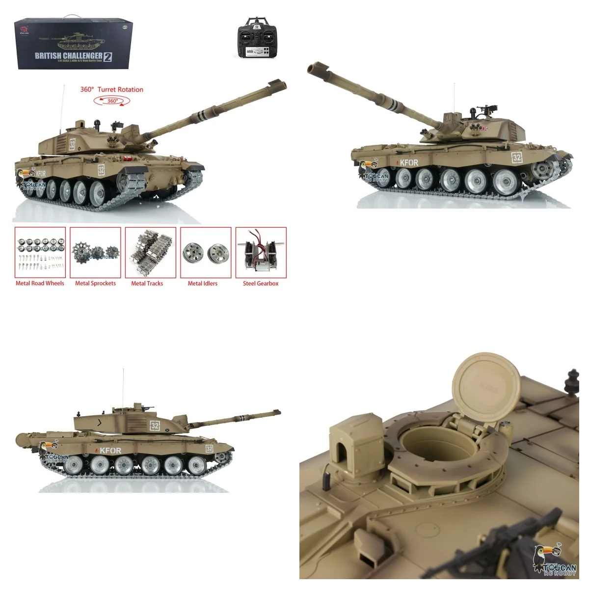 

US Stock 1/16 Heng Long 7.0 RC Tank Challenger II 3908 360° Turret Metal Tracks Wheels Steel Gearbox Idler Bearing BB Toy Model