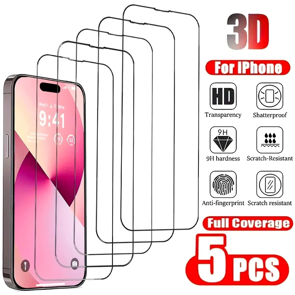 

5Pcs Ultra HD Full Screen Protector for iPhone 17/16/15 pro Max/15/16 plus Tempered Glass for iPhone 17 Air/13/12/11 Pro/X/XR