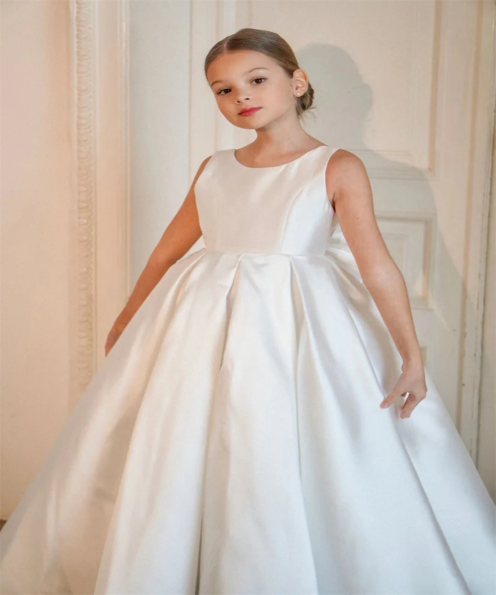 Robe de demoiselle d'honneur en satin blanc avec nœud, robe de Rhélégante pour enfants, mariage, fête d'anniversaire, première communion