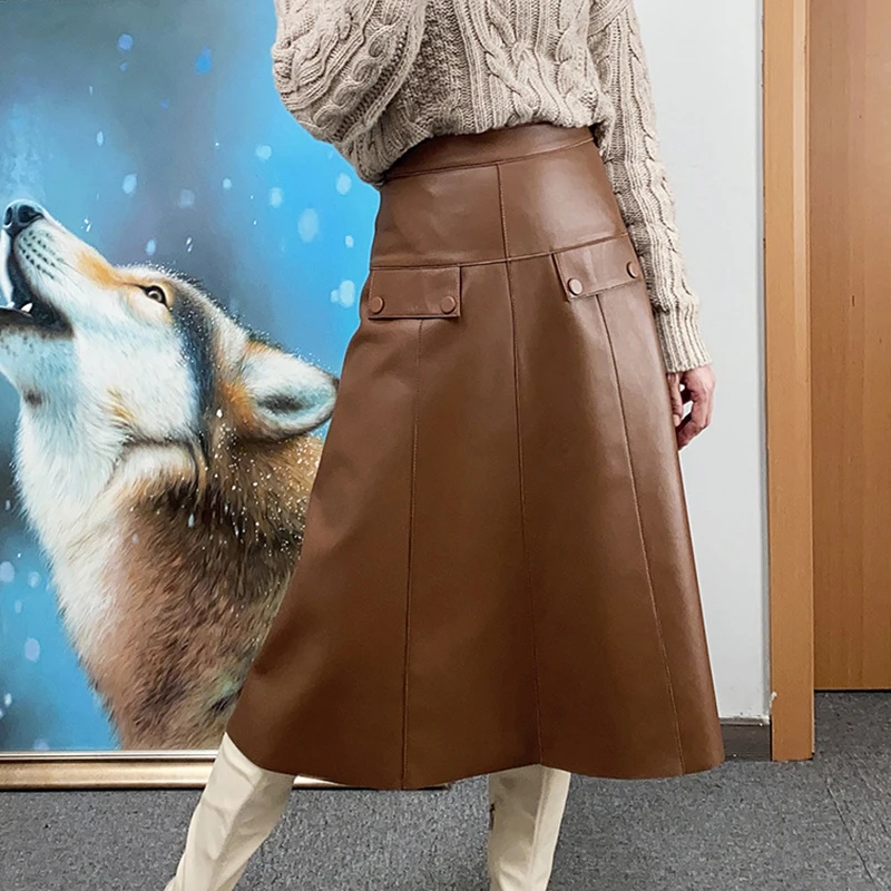 Leather skirts Autumn and Winter Orchid Purple High Waist Big Swing Bag Cover Lambskin Casual Versatile Knee-Length Jupe Femme