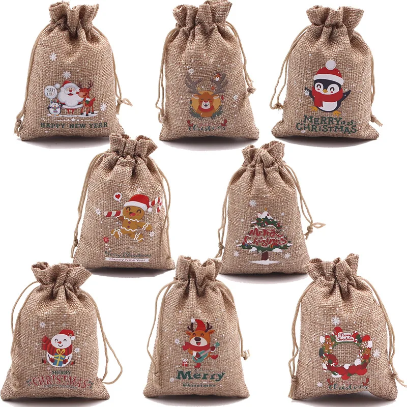 5Pcs/Lot Xmas Natural Jute Bags 10x14 13x18cm Christmas Candy Gift Bag Drawstring Pouches Nice Packaging Bags Xmas Gift Bags