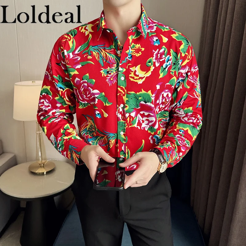 Loldeal Men Peony Floral Button Down Long Sleeve Printed Tropical Beach Shirts  8XL