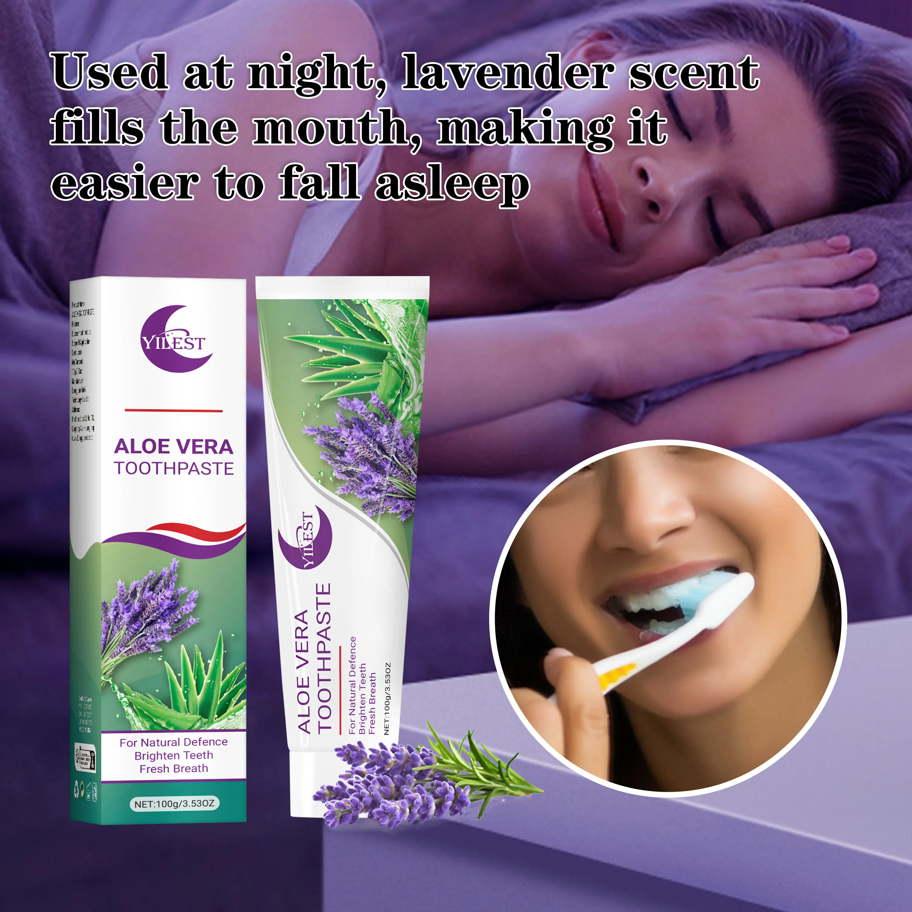 100g Aloe Vera & Lavender Night - YILEST Toothpaste for Deep Cleaning, Fresh Breath, Whitening Teeth, Gum Care, Lavender Scent