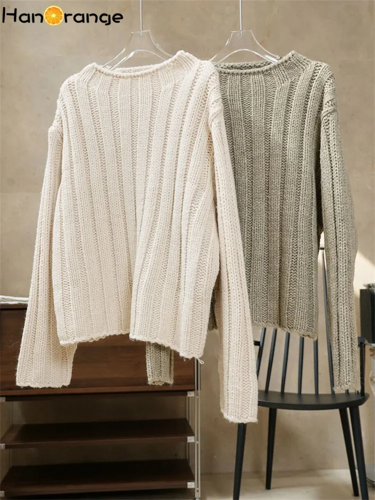 HanOrange 2024 Winter Lazy Simple Coarse Needle Wool Sweater Women Soft Glutinous Loose Top Female Off White/Oat