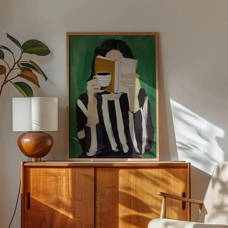 

Green Modern Striped Reading Ladies' Canvas Art Minimalist Abstract Fashionable Aesthetic Home Decoration, Coffee Book Themes