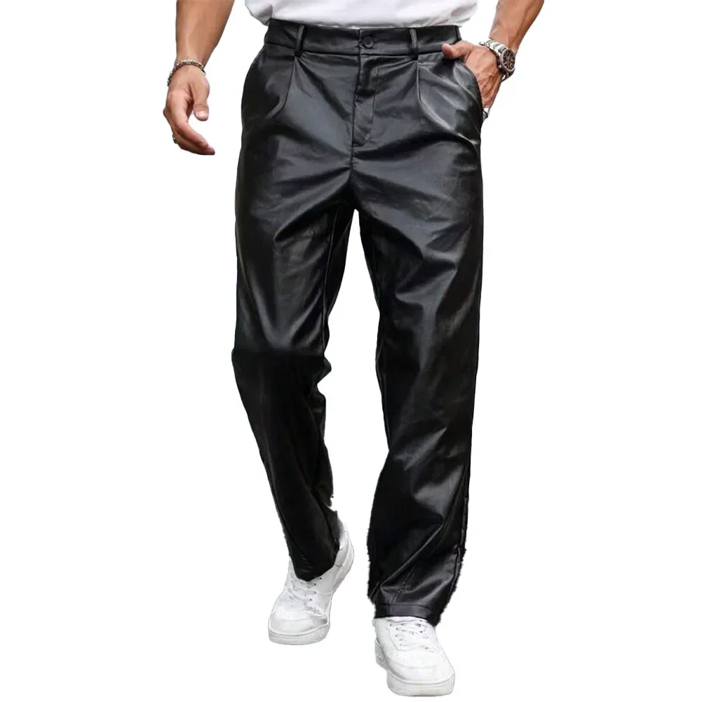 

Men Letaher Motorcycle Wet Look Pants Wide Leg Hip Hop Streetwear Y2k-Trousers